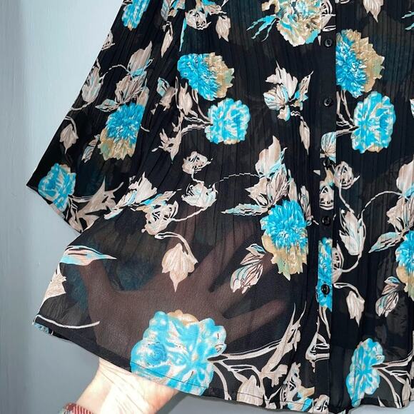 Fashion Bug Size XL Pleated Crinkle Semi Sheer Top Y2K Dark Floral Romantic Goth - Picture 4 of 10